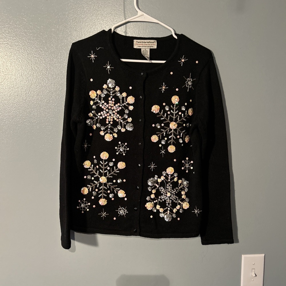 Tiara International Women's Beaded Sweater Black Snowflake Cardigan Size Small